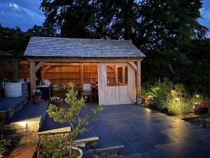 English oak pavilion with canvas roof covering