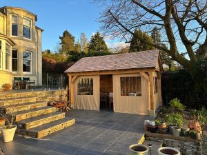 English oak pavilion with traditional cedar shingle roof