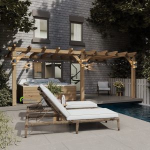 Lean-to pergola attached to a house versus a free-standing oak pergola in a garden