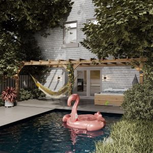 Step-by-step installation of an oak lean-to pergola attached to a wall.