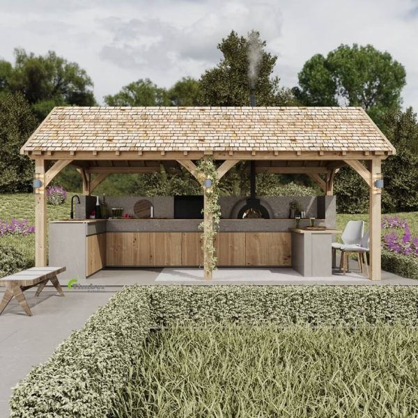 Spacious oak pavilion featuring a dedicated outdoor kitchen for pizza and BBQ cooking
