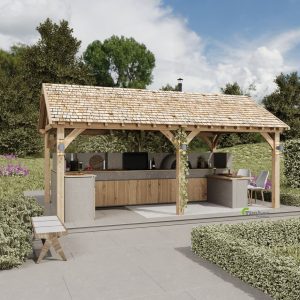 Oak pavilion featuring an outdoor kitchen designed for pizza and BBQ cooking