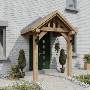 Elegant two-post oak porch with front oak posts extending to the ground