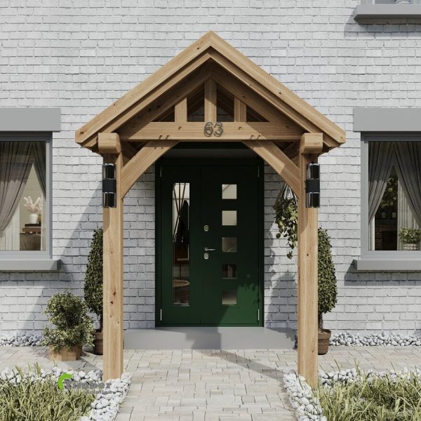 Two-post oak porch anchored into a house wall with brick pier support