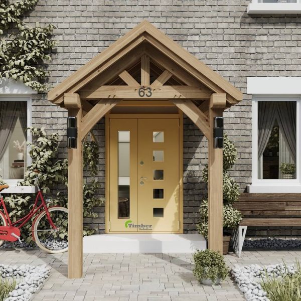 Elegant 2-leg oak porch kits installed in front of a house, highlighting traditional design
