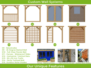 A collection of custom wall systems featuring various designs, including featherboard, louvre, slatted, and trellis options.