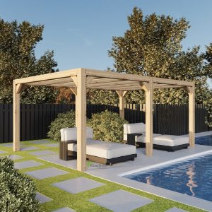 Modern oak pergola enhancing a London rooftop terrace with clean lines and timeless appeal