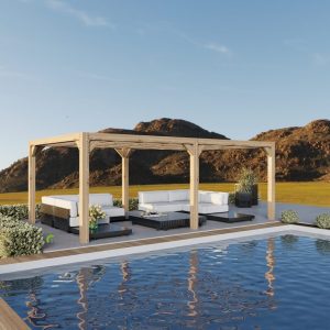 Modern oak pergola with clean lines and minimalistic design, offering an open and sleek look.