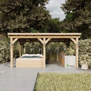 2.5 meter high oak pent roof gazebo with EPDM roofing, ideal for hot tubs and outdoor dining