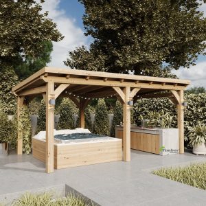 Oak pent roof gazebo providing shelter for an outdoor kitchen, ensuring protection from rain and sun