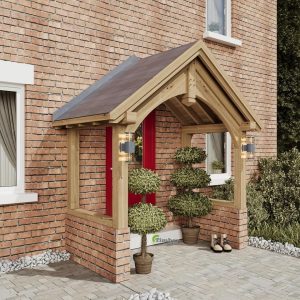 Custom oak lean-to gazebo with sturdy beams and shingled roof, creating a seamless outdoor living space