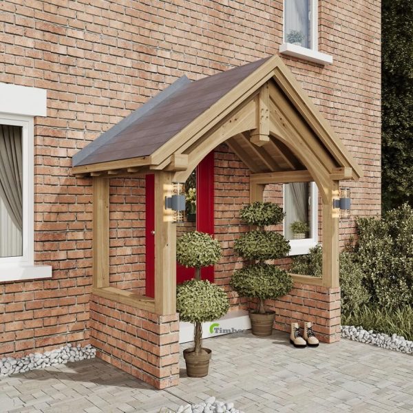 Custom oak lean-to gazebo with sturdy beams and shingled roof, creating a seamless outdoor living space
