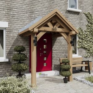 Complete oak porch kit with labeled parts, dowels, and 3D installation images