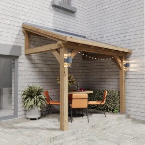 Oak veranda kit with pre-cut posts and beams, offering easy assembly and lasting shelter.