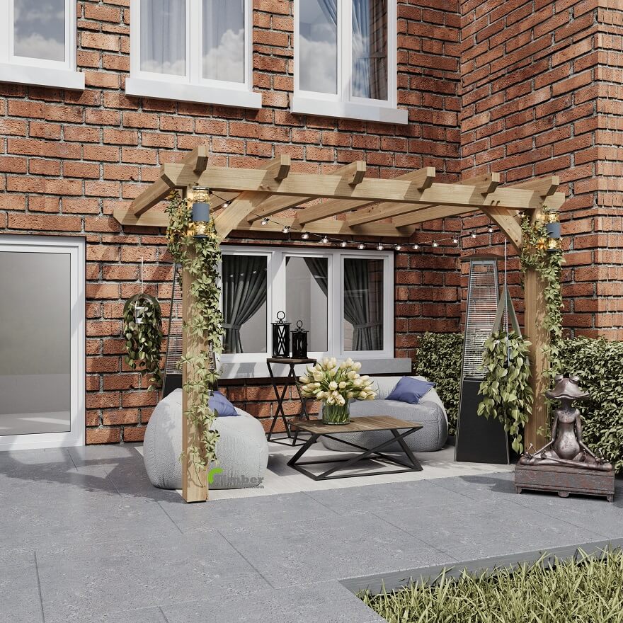 An oak lean-to pergola featuring robust oak lattice notched into the joists, providing structural strength and support for climbing plants.
