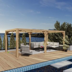 Open oak pergola in a garden, providing an airy structure for relaxation under the sky.
