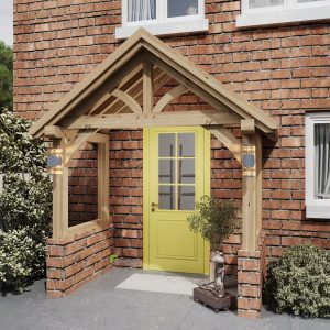 Oak porch with straight struts and king post, offering a modern look with enhanced support.