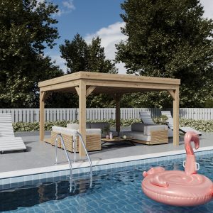 Stylish flat roof oak cube gazebo featuring clean lines, ideal for modern garden settings and customizable for seating, lighting, and privacy.