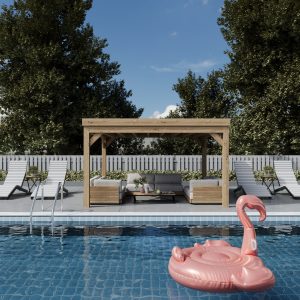 Modern flat roof oak cube gazebo with geometric design and weather-resistant EPDM covering, offering durability and style for outdoor spaces.