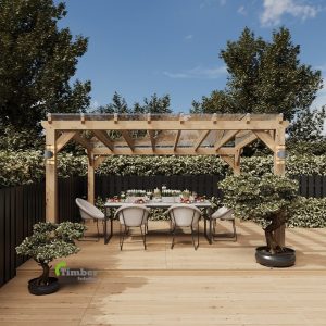 Oak pergola with a polycarbonate roof providing stylish outdoor coverage, offering UV protection and durability.
