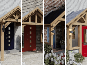 A beautifully crafted bespoke oak porch with a two-post gable design, showcasing elegant joinery and smooth planed oak beams.