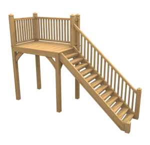 Elegant outdoor oak staircase leading to a raised deck, combining style and functionality.