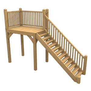 Elegant outdoor oak staircase leading to a raised deck, combining style and functionality.