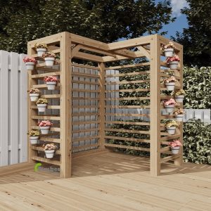 Corner oak garden arbour with a trellis roof, adorned with climbing plants and flowers
