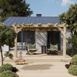Flat-roof pergola with a green sedum roof, showcasing structural support and natural aesthetics.