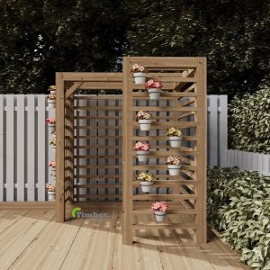L-shaped oak garden arbour nestled in a garden corner, showcasing robust oak trellis walls