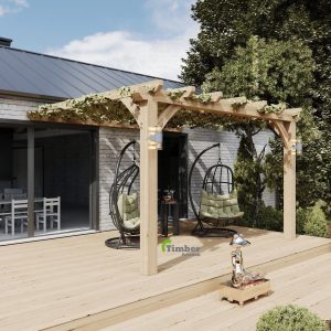 Flat-roof oak pergola with polycarbonate roof panels, set in a spacious backyard.