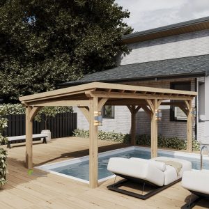 Boundary-compliant oak gazebo with sloped eaves and an apex height of 2.5 meters.