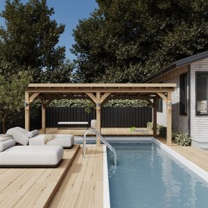Elegant oak gazebo with a 3–5 degree roof pitch and lattice sides in a sunlit garden.
