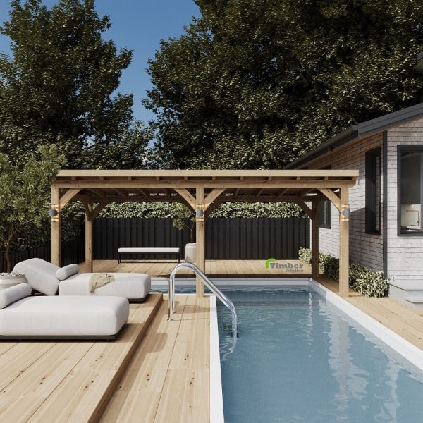 Elegant oak gazebo with a 3–5 degree roof pitch and lattice sides in a sunlit garden.