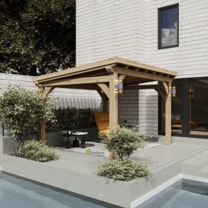 Pent roof gazebo featuring louvre panels and roll shutters, perfect for outdoor relaxation.