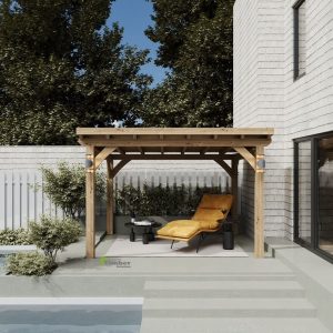 Elegant pent roof gazebo with glass panels and trellis sides in a lush garden setting.