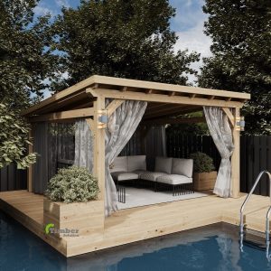 Mono pitch oak pavilion offering shade and sun exposure with clean lines and oak construction