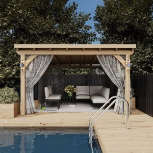 Single pitch oak pavilion with sloping roof and open, airy design, surrounded by greenery