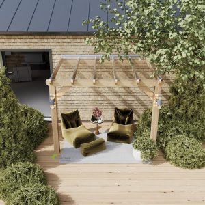 A beautifully designed oak lean-to pergola with a glass roof, enhancing the garden’s aesthetics and usability
