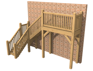 Custom oak staircase with thick side strings, sturdy spindles, and a durable landing board for garden access