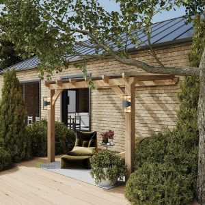 Elegant oak & glass lean-to pergola providing shelter and natural light for a cozy seating area.