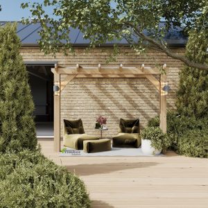 Bespoke oak lean-to pergola with a glass roof, seamlessly attached to a house for a stylish outdoor space