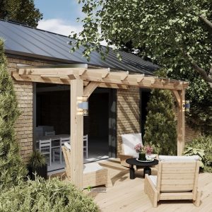 Side-by-side comparison of polycarbonate and glass roofing for oak lean-to pergolas, showcasing both options.