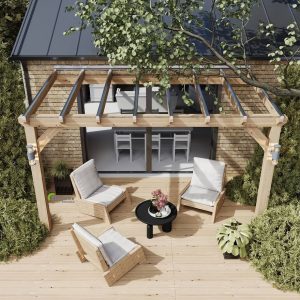 Sleek glass cover on an oak lean-to pergola offering a polished, luxurious outdoor space.