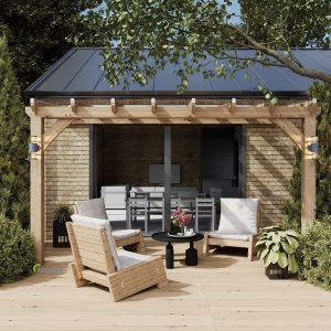 Oak lean-to pergola with a polycarbonate cover providing durable, energy-efficient outdoor shelter.