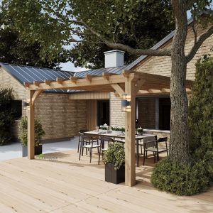 Structural diagram illustrating weight distribution when fixing an oak lean-to pergola to a lintel.