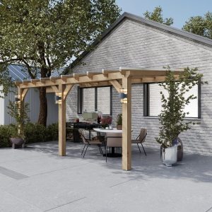 Timber-framed oak lean-to carport cover, perfectly sized for one vehicle, featuring open sides and detailed joinery.