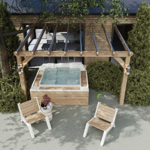 Custom oak lean-to hot tub cover with sturdy oak beams, offering protection and style.