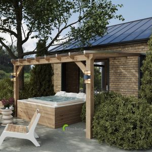 Premium oak lean-to hot tub kit featuring a sloped roof and natural wood finish.