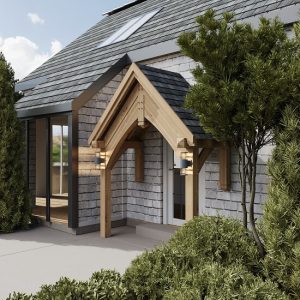 Elegant Oak porch UK kit with traditional design, crafted in the UK, featuring mortise and tenon joints for a durable, long-lasting structure.